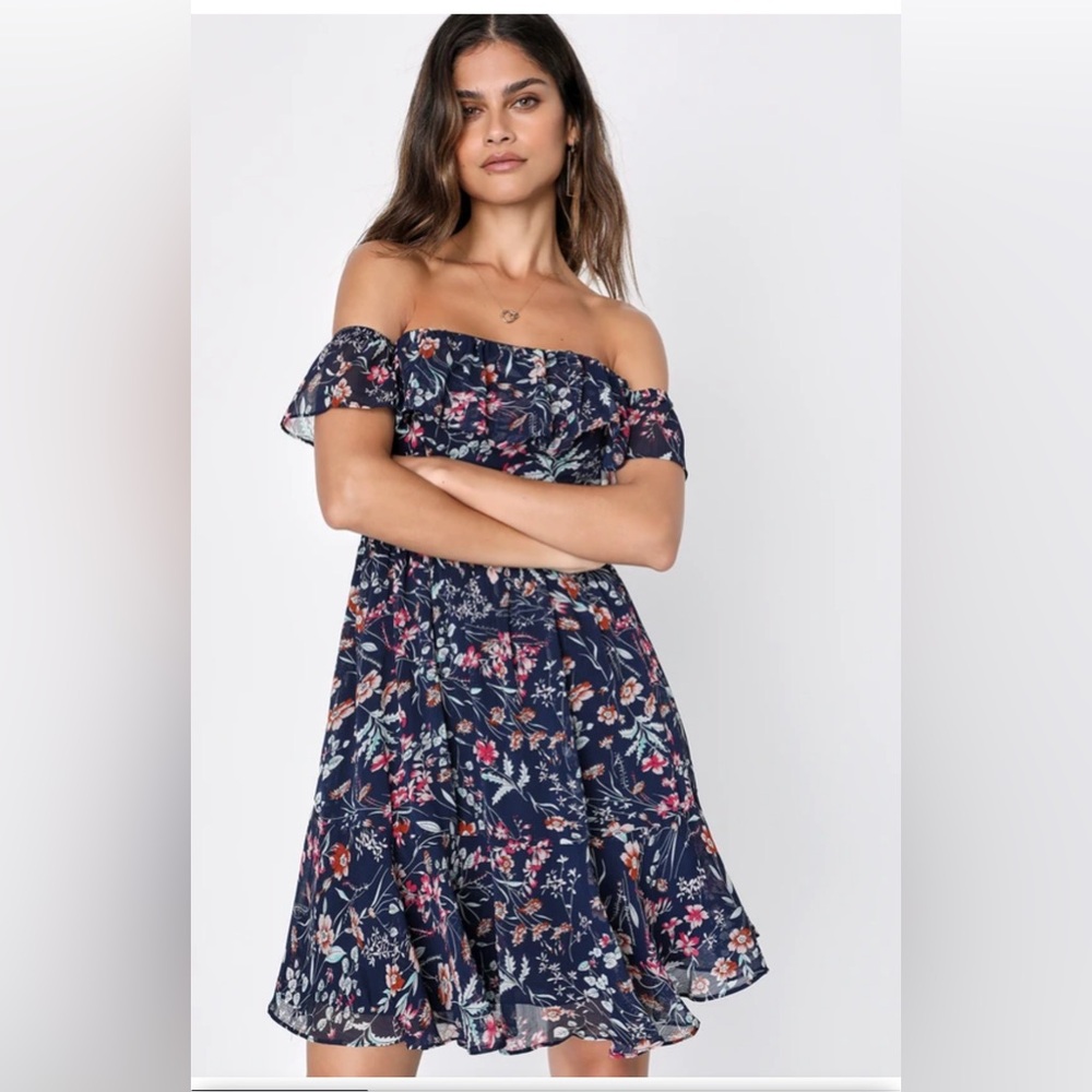 Lulus My Favorite Navy Blue Floral Print Off-the-Shoulder Dress